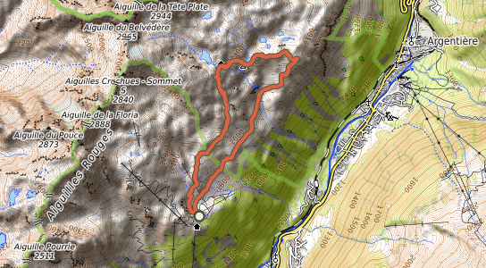 Topo map of the Aiguilles Rouges above Chamonix, with the orange line of a loop: up from La Flégère to Lac Blanc, past the Chéserys lakes, down to the Tête aux Vents and back along the Grand Balcon Sud
