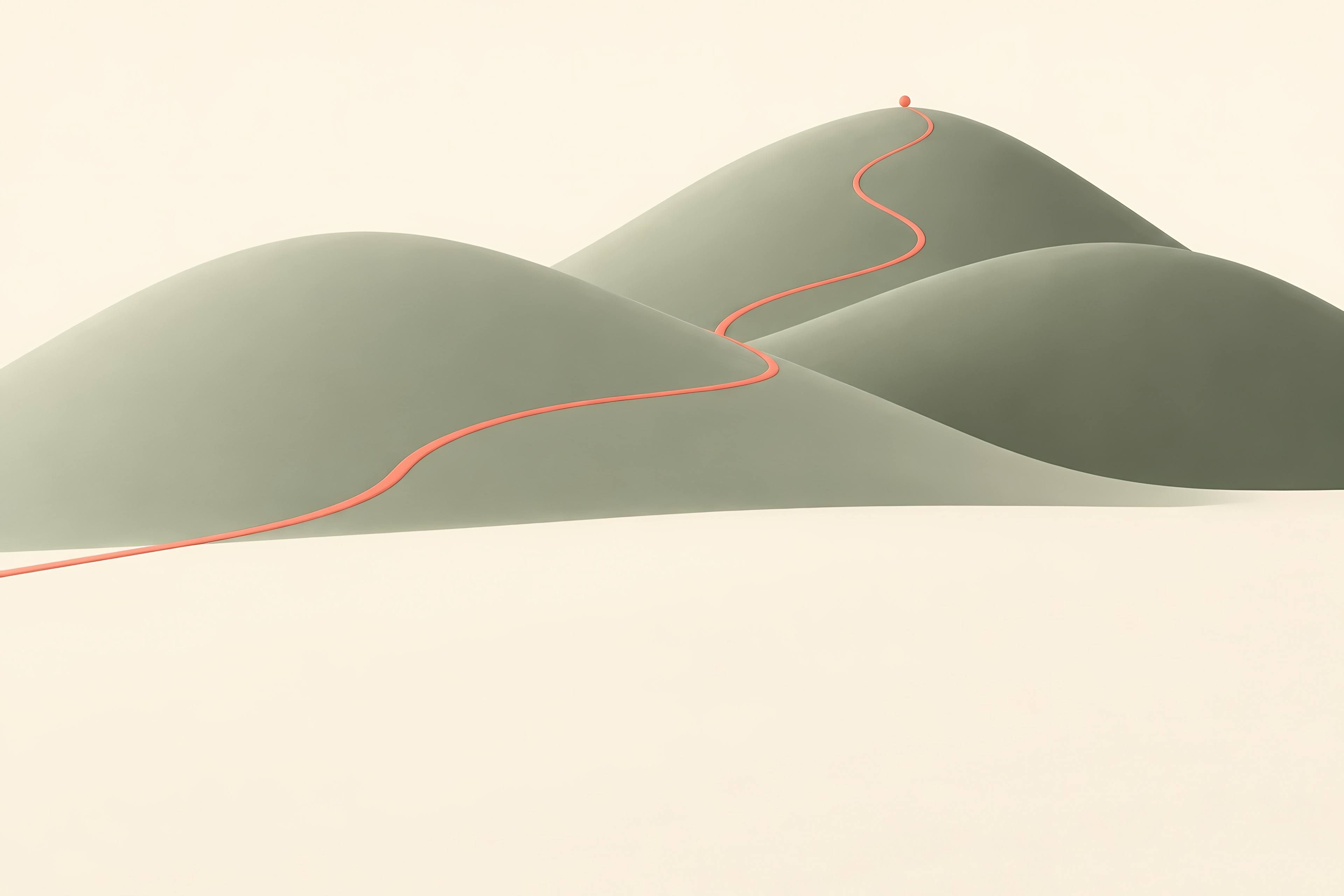 Illustration of sage green hills with an orange trail winding up to the summit