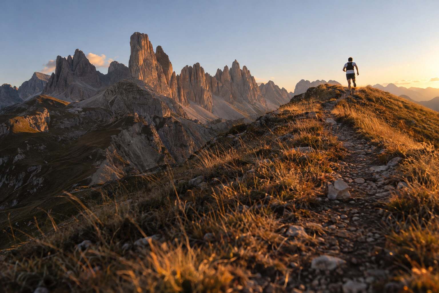 Trail runner on a ridge of dry golden grass at golden hour, facing the rock towers of the Dolomites